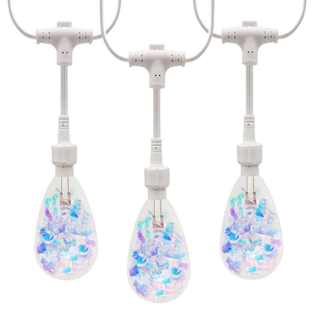 White wire S14 RGB LED string lights with rainbow reflective strips for commercial decor