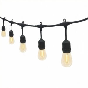 Heavy-duty commercial black string lights with suspended S14 LED filament bulbs and mounting loops