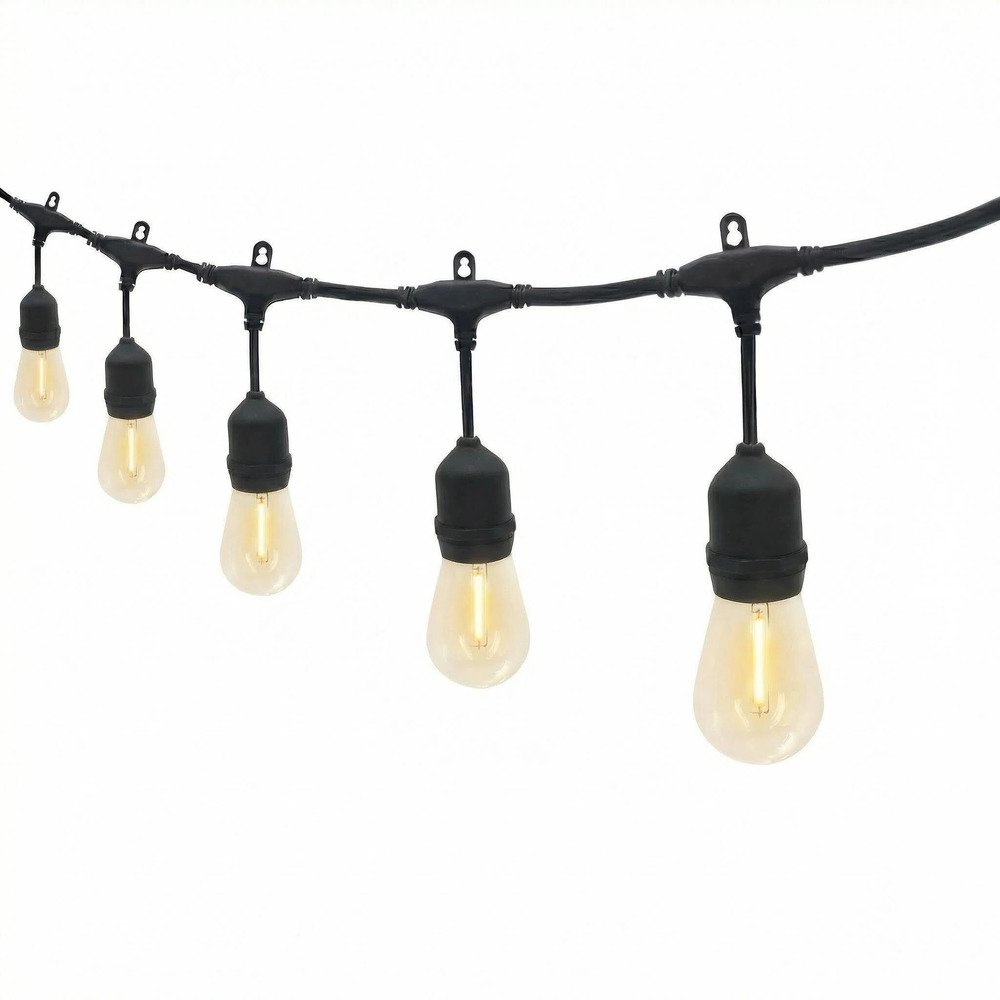 Heavy-duty commercial black string lights with suspended S14 LED filament bulbs and mounting loops