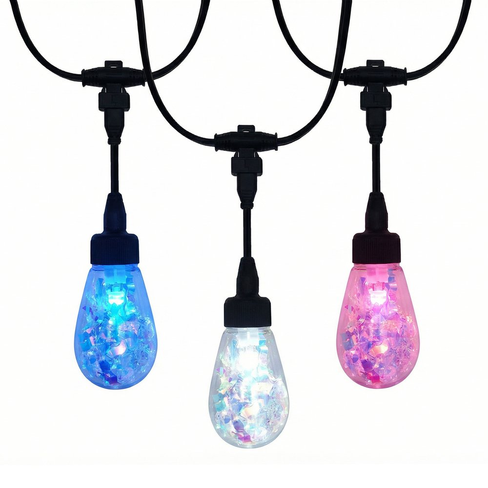 Three colorful holographic S14 LED bulbs on waterproof commercial string light suspended sockets