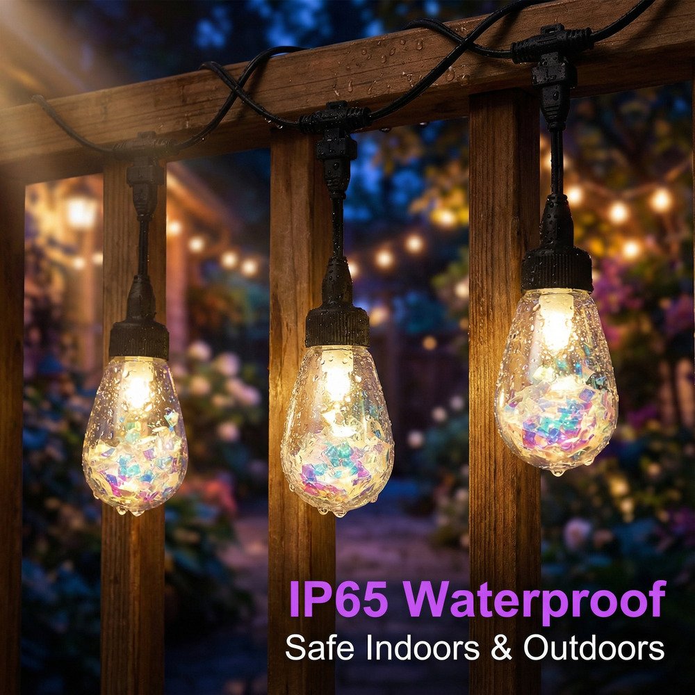 IP65 waterproof holographic S14 string lights hanging on wooden railing in rain