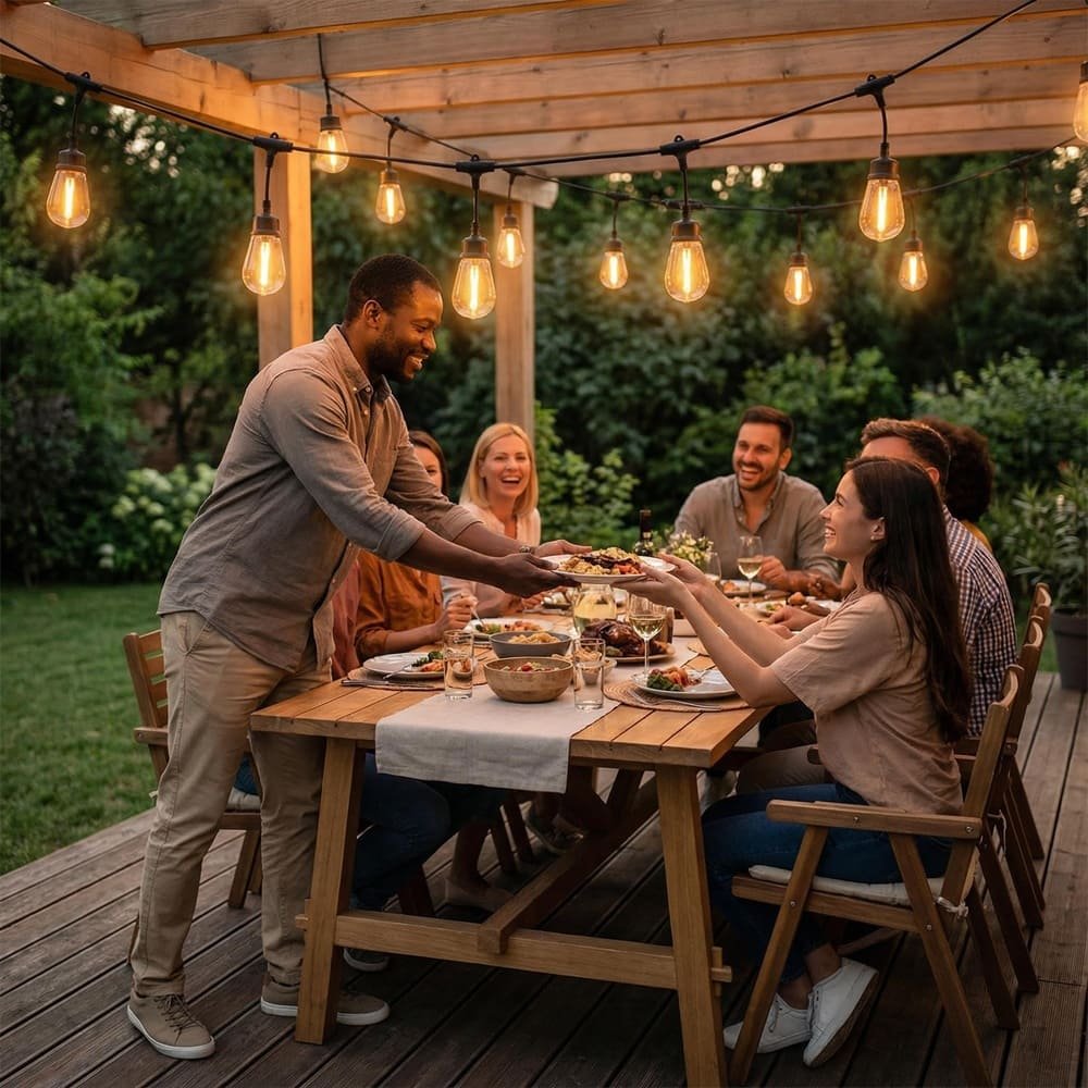 Warm white S14 LED string lights illuminating outdoor garden dining party under wooden pergola