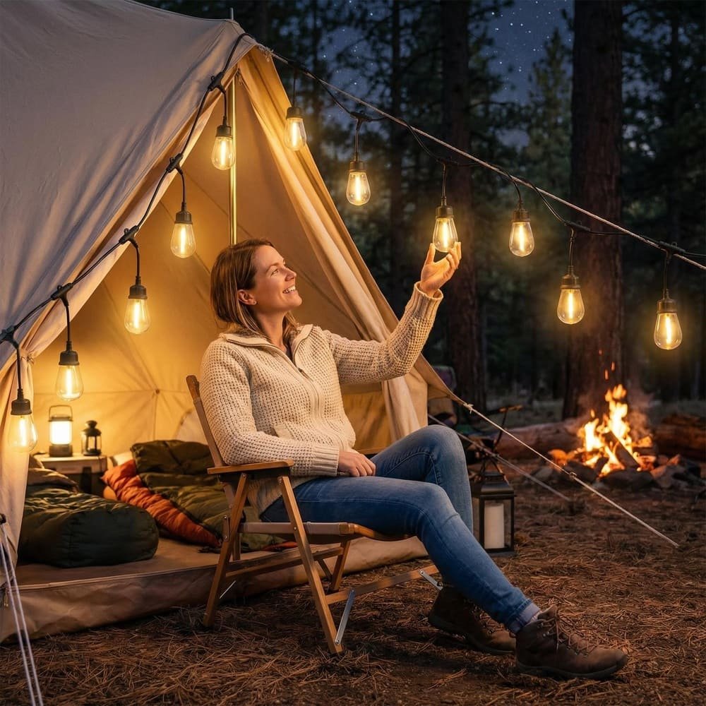 Waterproof S14 LED camping string lights hanging on tent for outdoor forest atmosphere