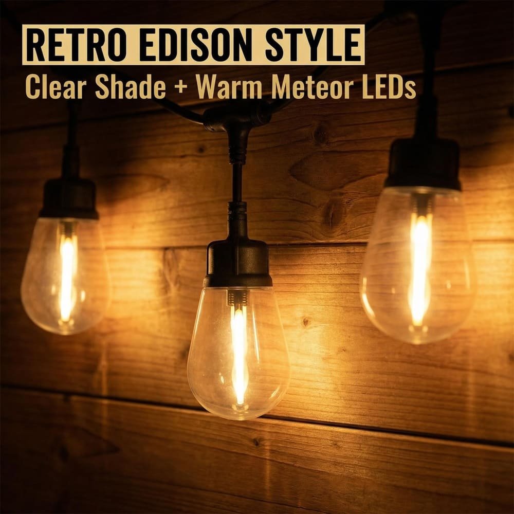 Retro Edison style S14 LED drop string lights with warm meteor chasing effect against wood