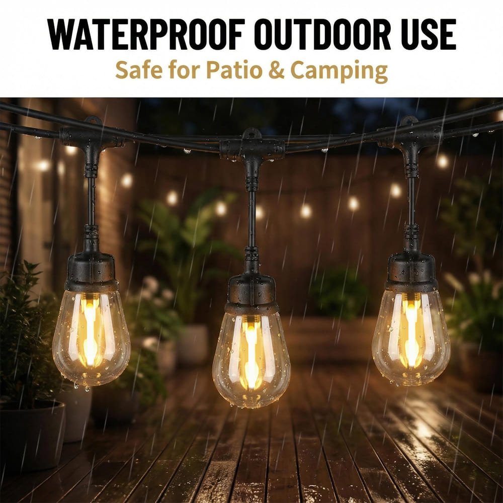 Waterproof S14 LED drop string lights hanging in rain for outdoor patio use