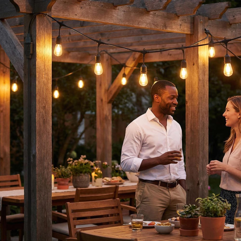 Warm white S14 LED outdoor string lights hanging on wooden pergola for backyard patio ambiance