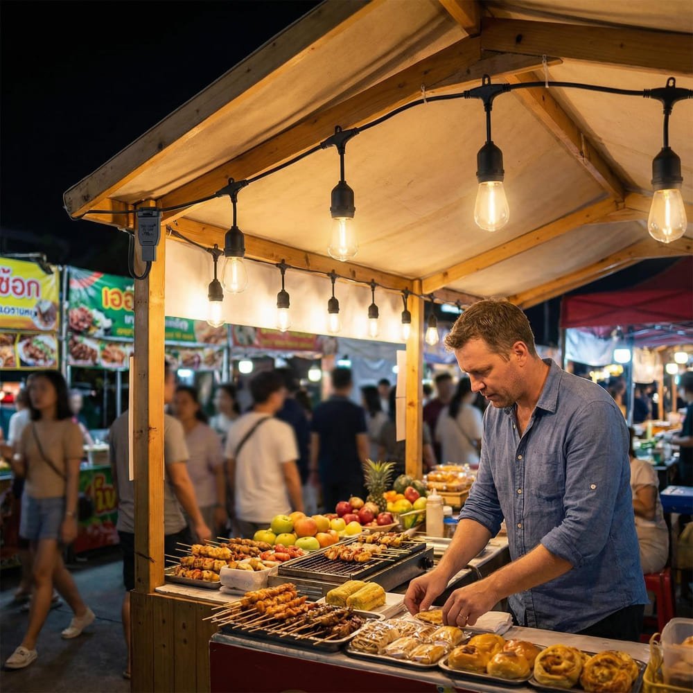 Commercial waterproof S14 LED string lights illuminating food market stall for business ambiance