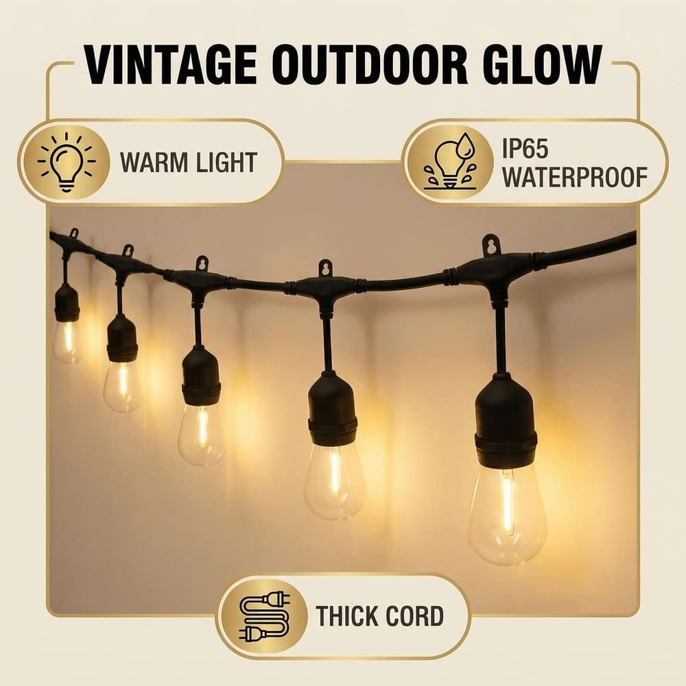 IP65 waterproof vintage outdoor string lights featuring warm S14 LED bulbs and thick heavy-duty cord