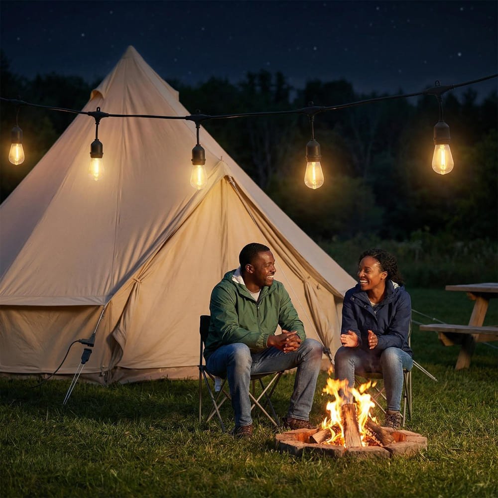 Warm white S14 LED outdoor string lights illuminating camping tent site at night
