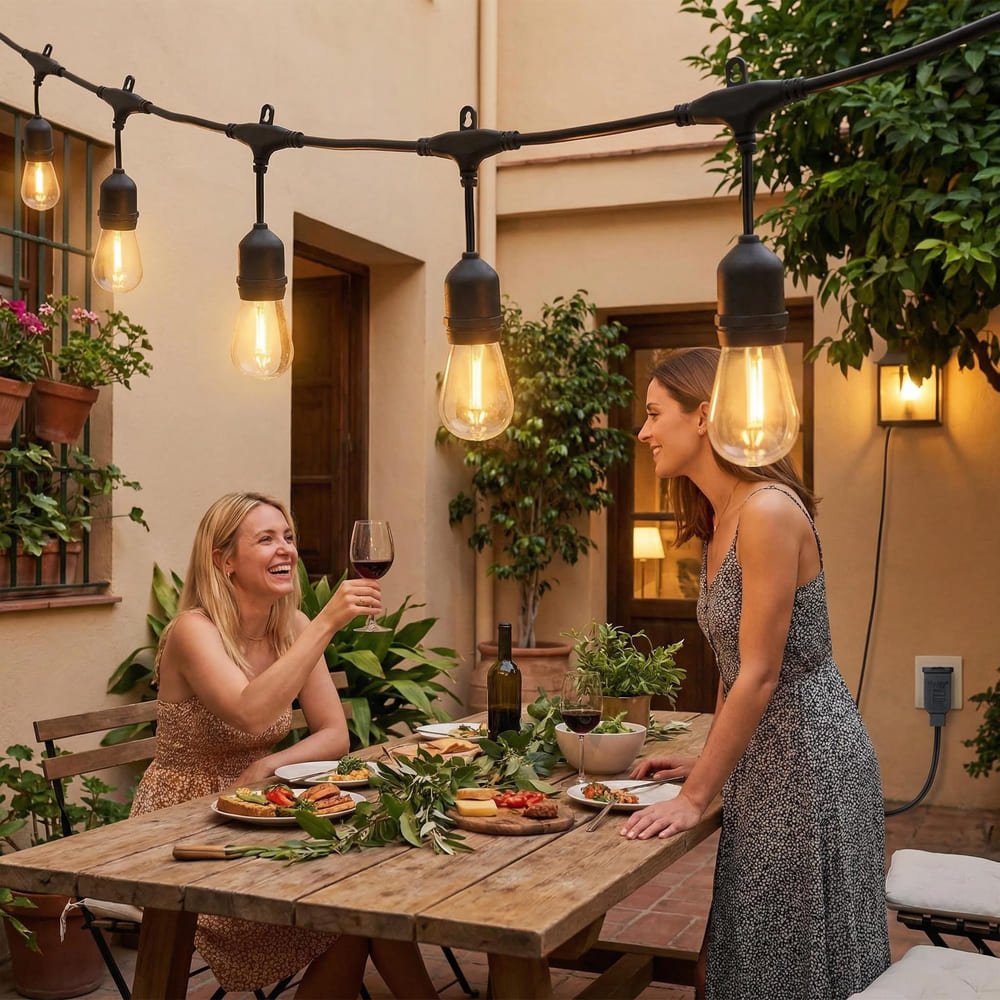 Warm white S14 LED outdoor string lights creating festive ambiance for patio dining