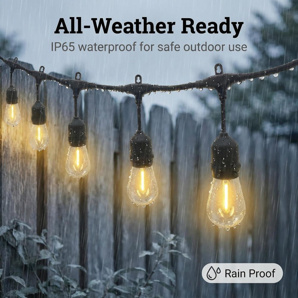 All-weather IP65 waterproof outdoor string lights with S14 LED bulbs glowing in heavy rain