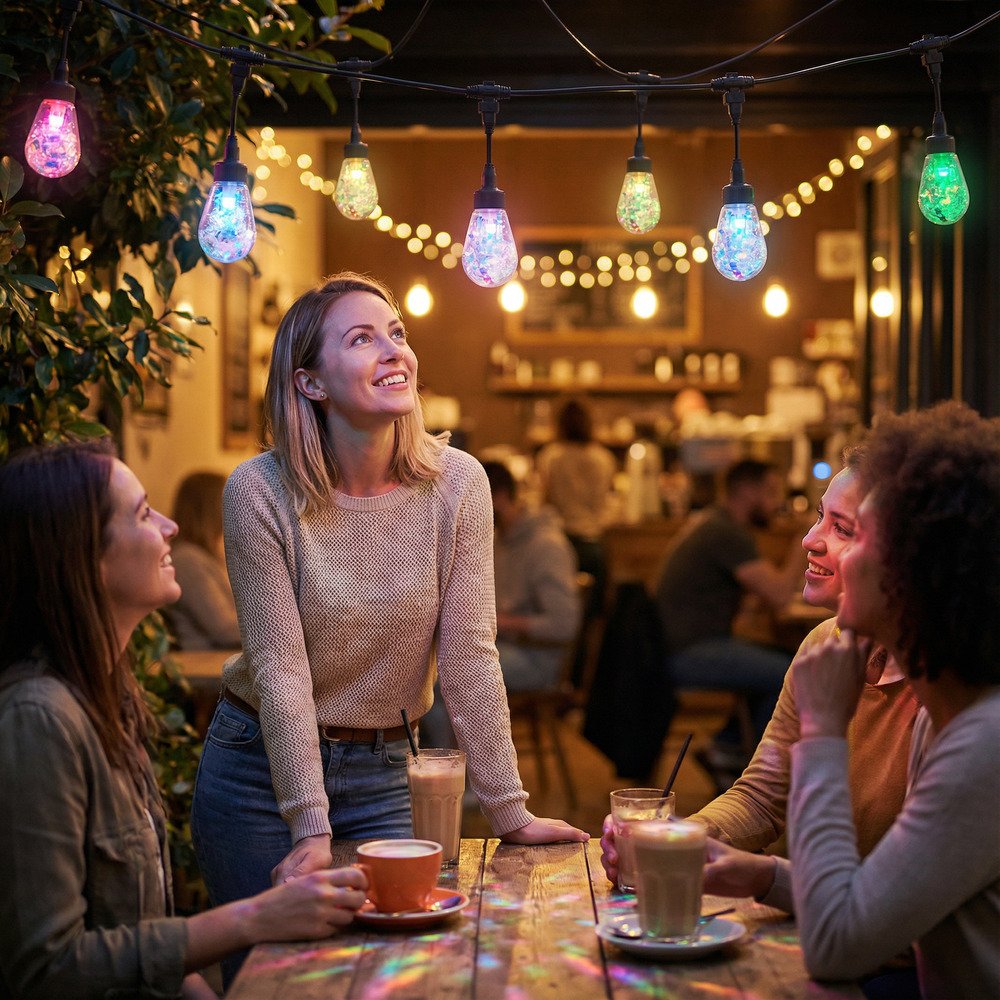 Commercial grade colorful holographic S14 LED string lights at outdoor cafe patio