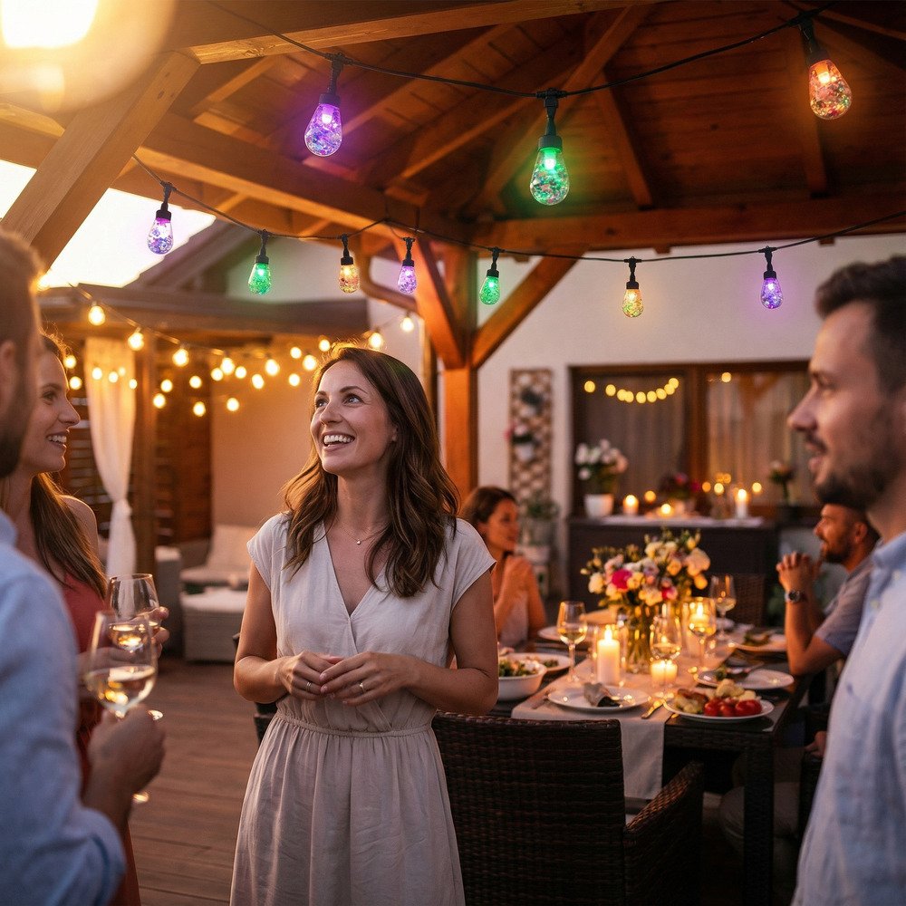Colorful holographic S14 string lights illuminating outdoor backyard dinner party under pergola