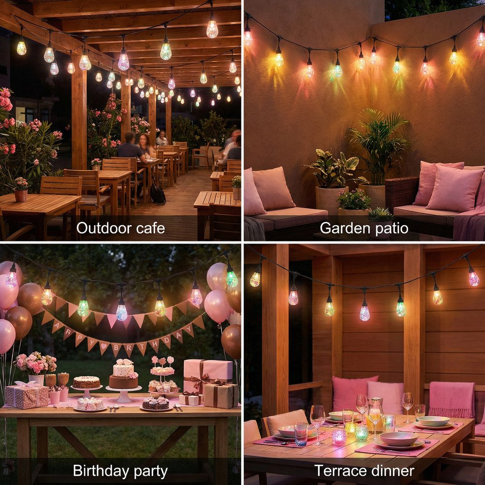 Versatile holographic S14 string lights for cafes, garden patios, birthday parties, and terrace dinners