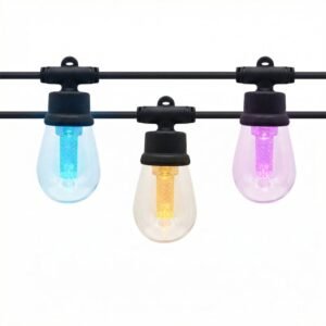 Close-up of commercial waterproof S14 RGB string lights featuring durable injection molding