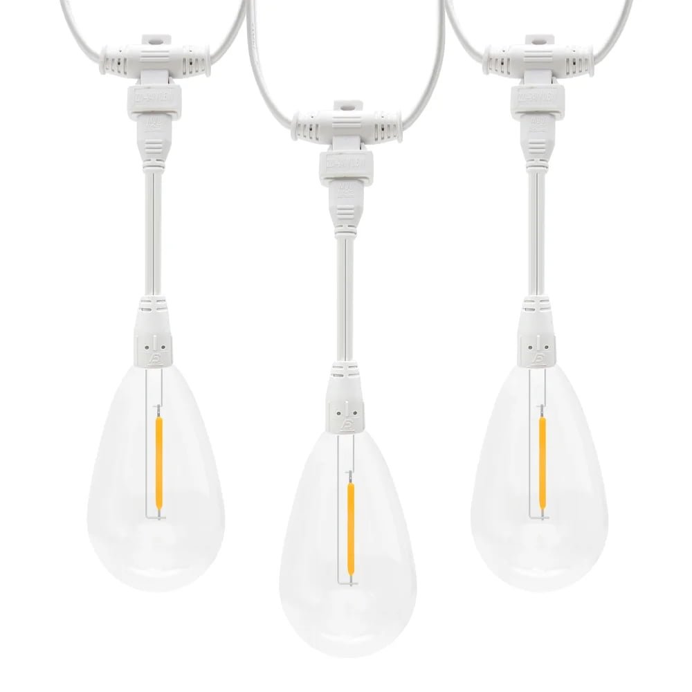 Commercial white wire S14 LED string lights with waterproof top-access snap-on sockets