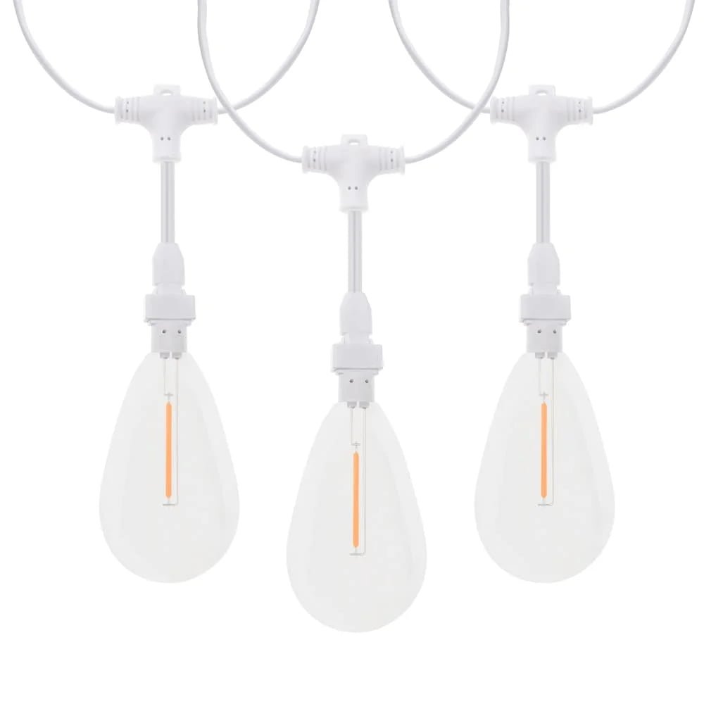 Commercial white wire S14 string lights with downward-facing snap-on sockets for tool-free maintenance