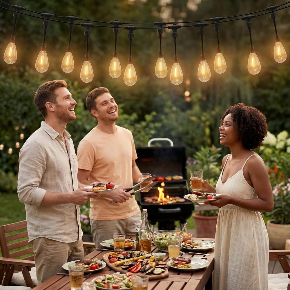 Warm S14 drop string lights creating ambiance for outdoor backyard barbecue and patio dining