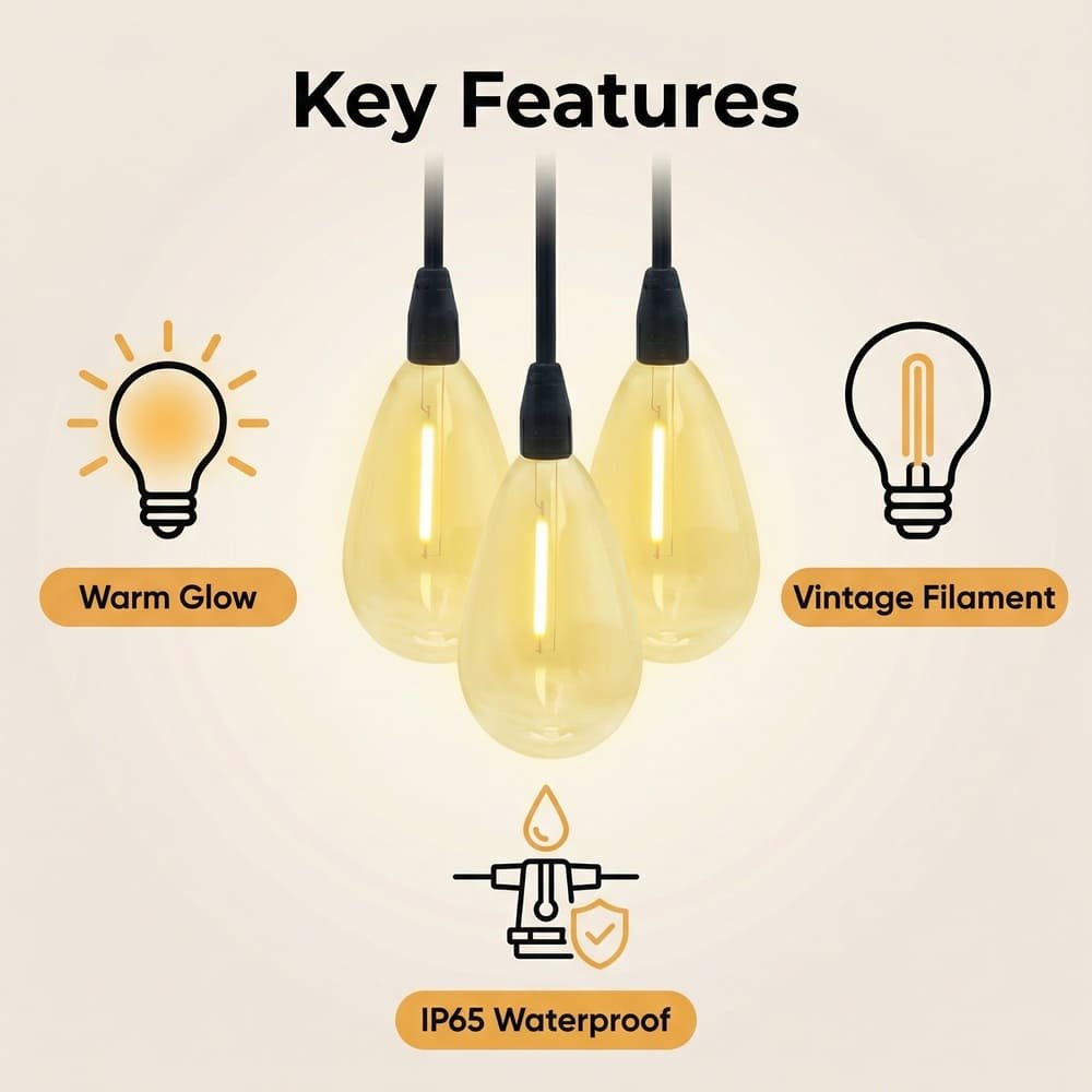 Key features of IP65 waterproof S14 drop string lights including warm glow and vintage filament