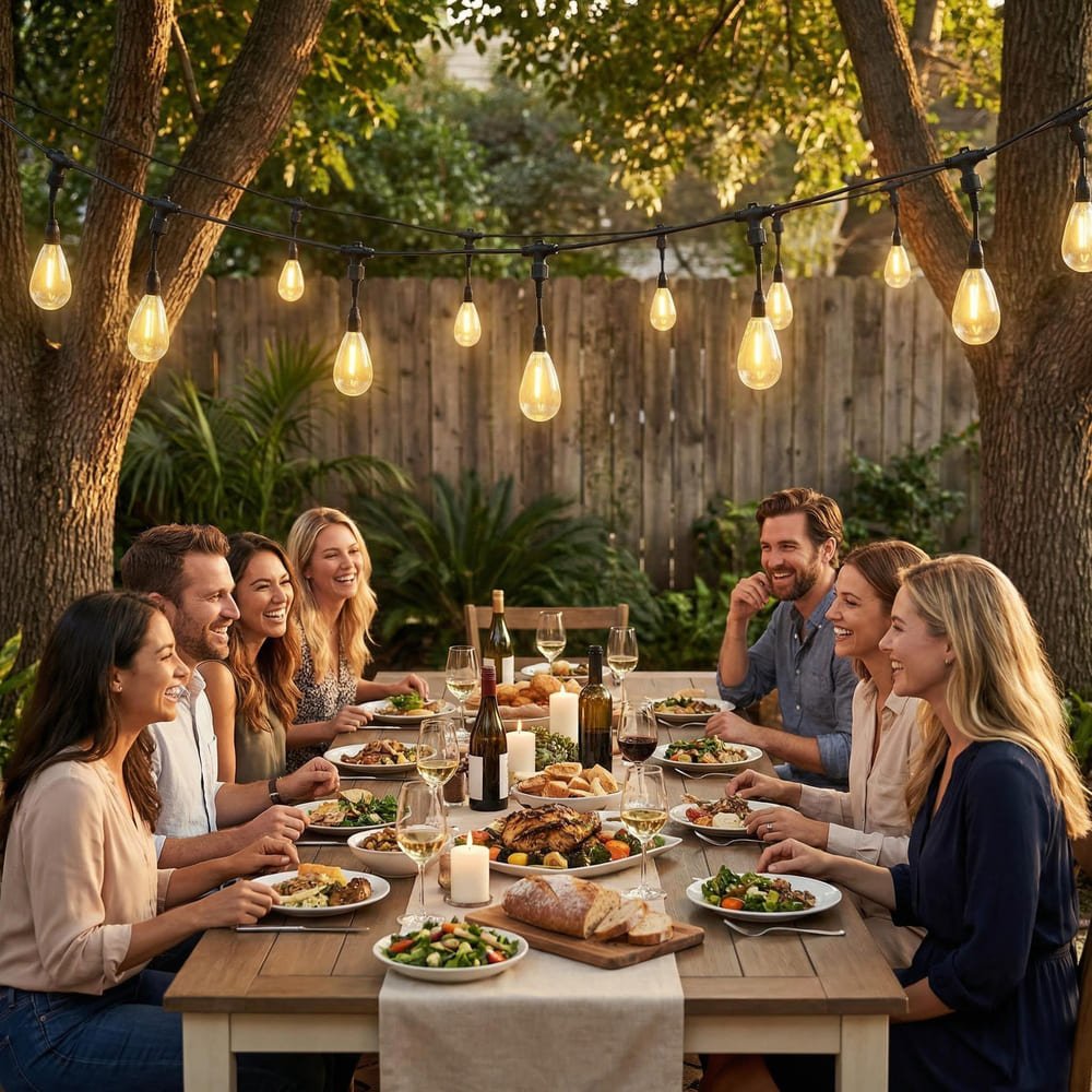 Commercial grade S14 drop string lights illuminating outdoor garden dining area