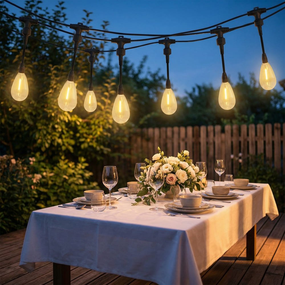 Waterproof S14 LED drop string lights illuminating elegant outdoor patio dining table