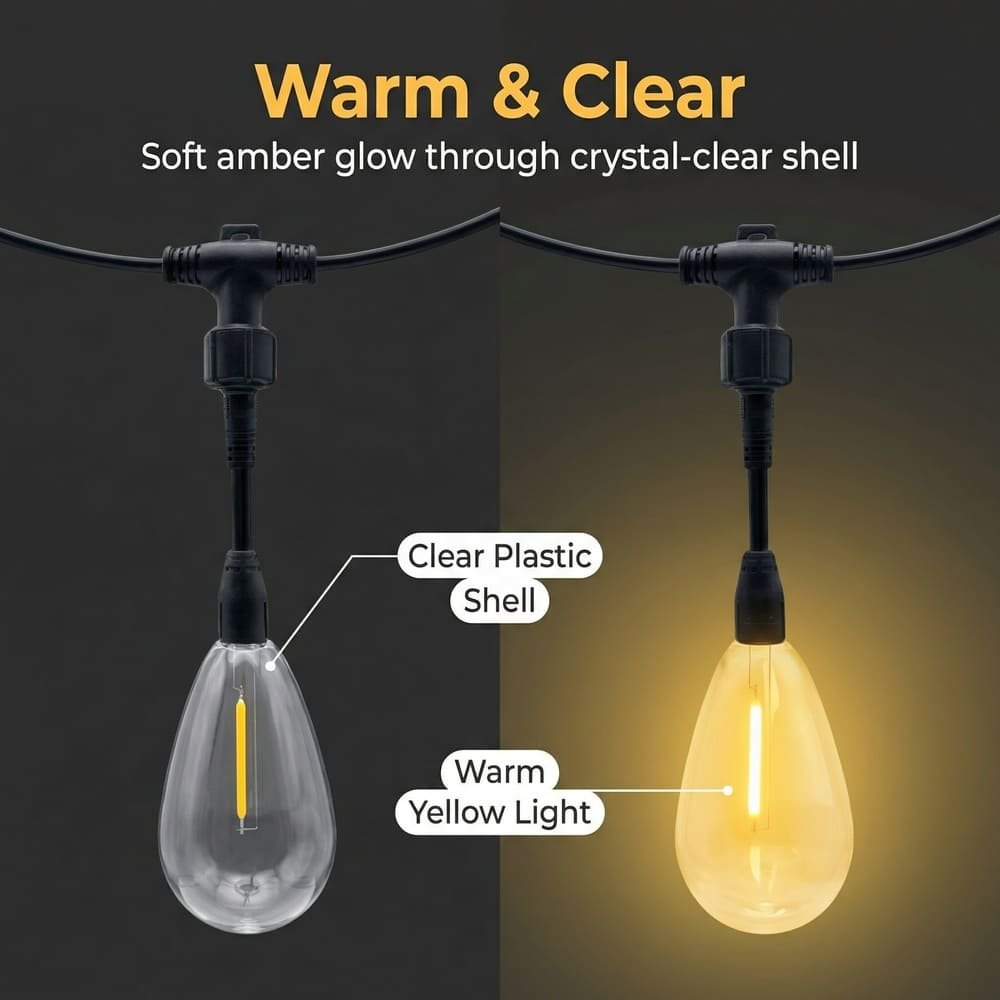 Clear plastic S14 drop string light bulb emitting soft warm amber LED glow
