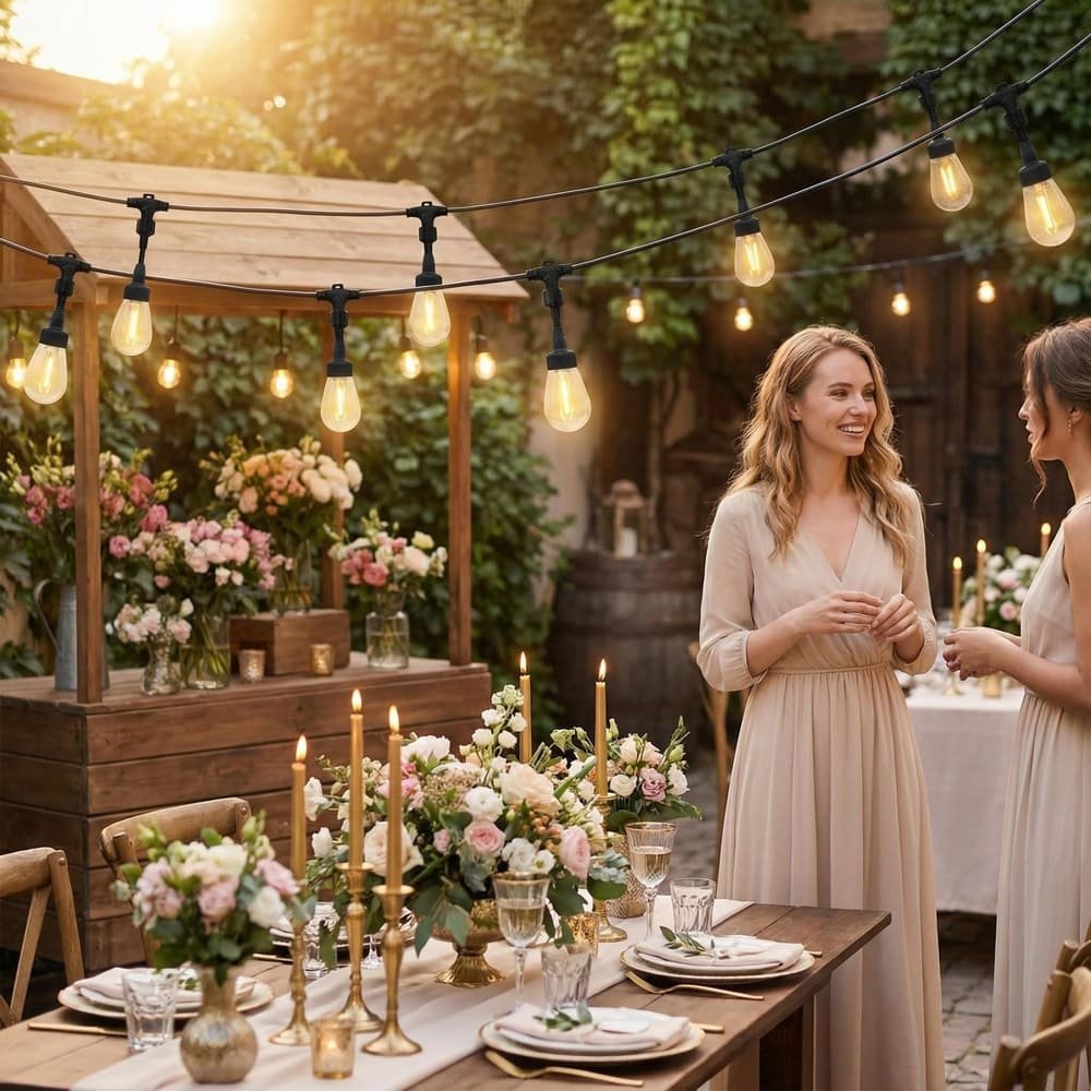 Commercial S14 LED string lights creating warm ambiance for outdoor weddings and garden events