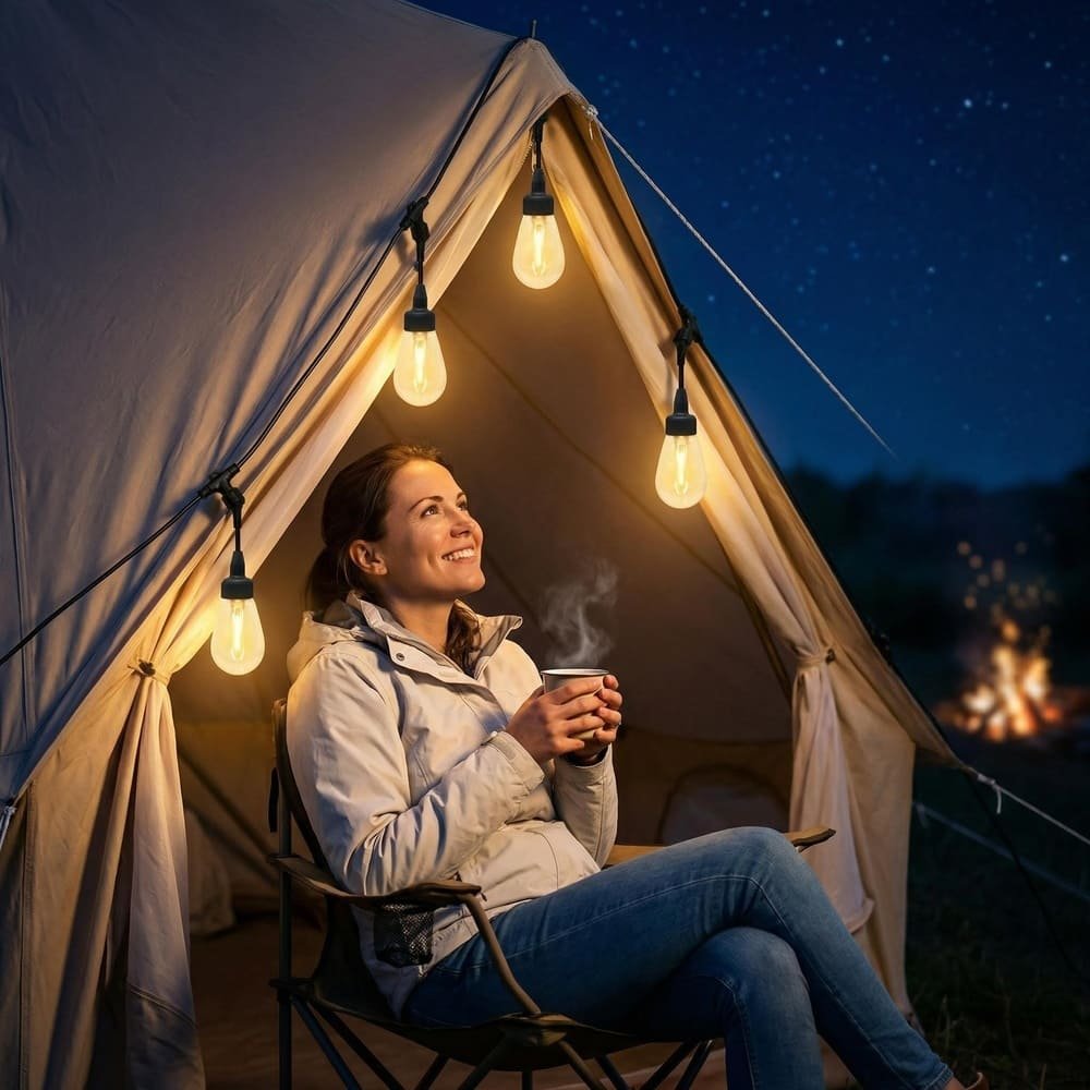 Waterproof S14 LED string lights illuminating a camping tent under a starry night sky
