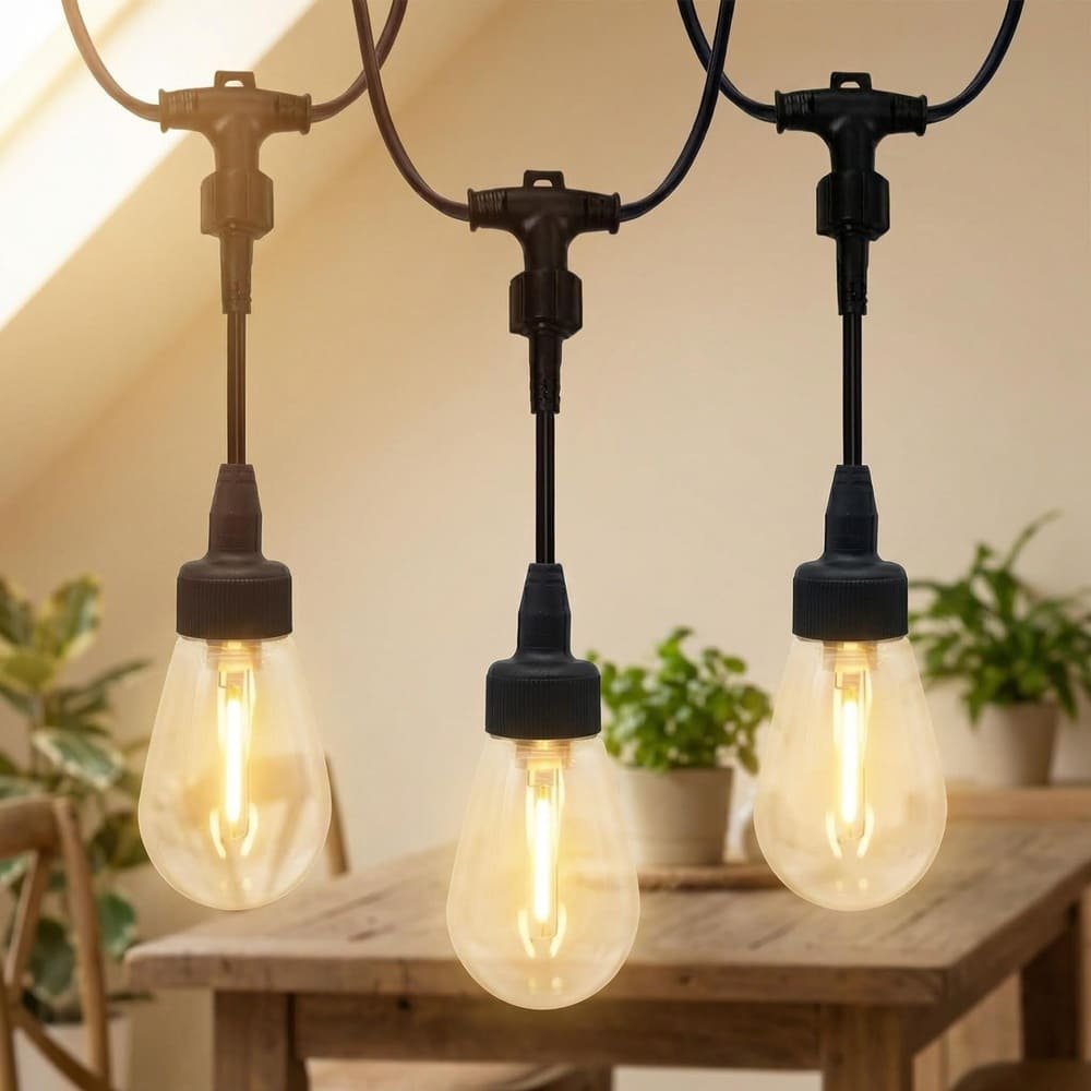 Modular screw-lock string lights with S14 LED drop bulbs hanging over cozy wooden dining table