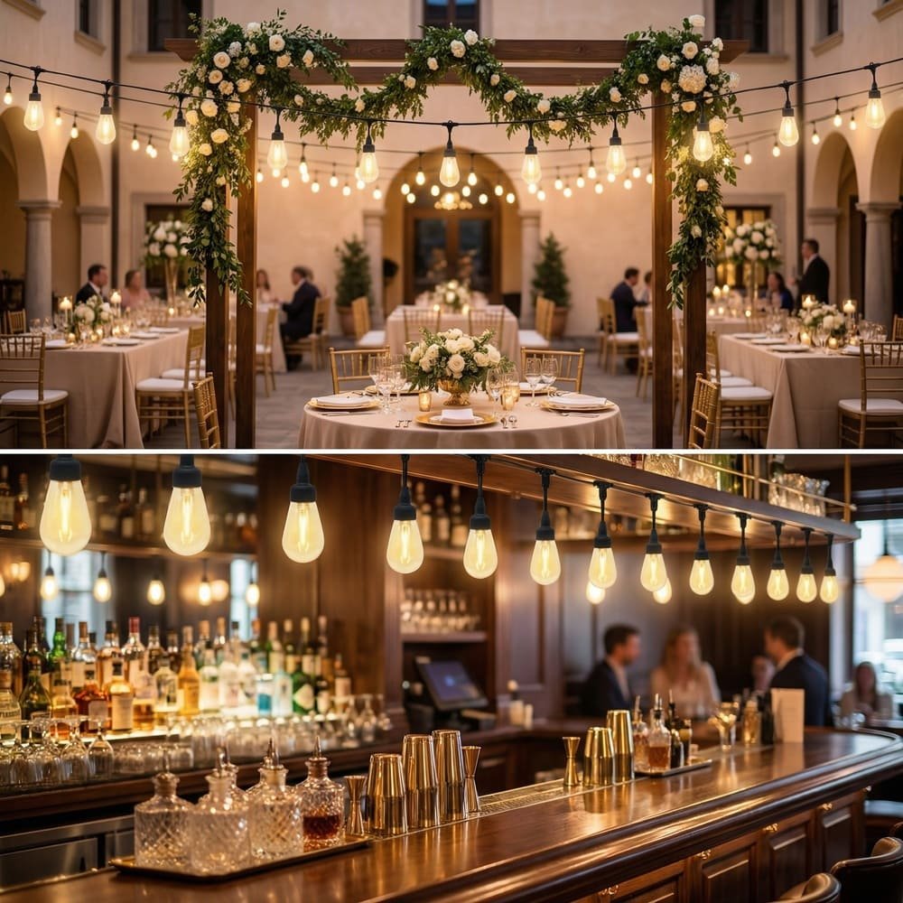 Commercial S14 LED string lights illuminating outdoor wedding venues and indoor bistro bars