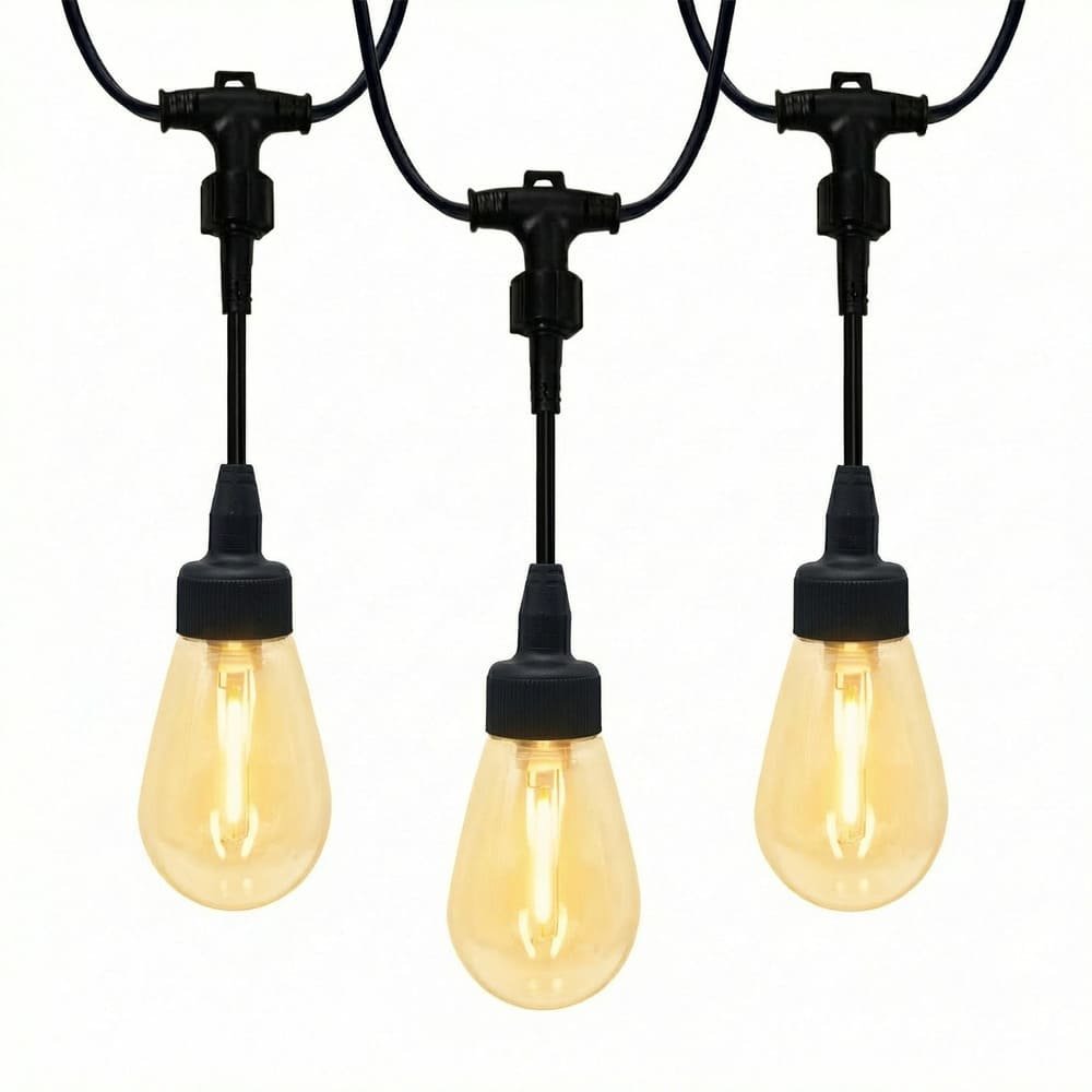 Patent pending modular string lights with secure screw-lock nut system and S14 LED drop bulbs