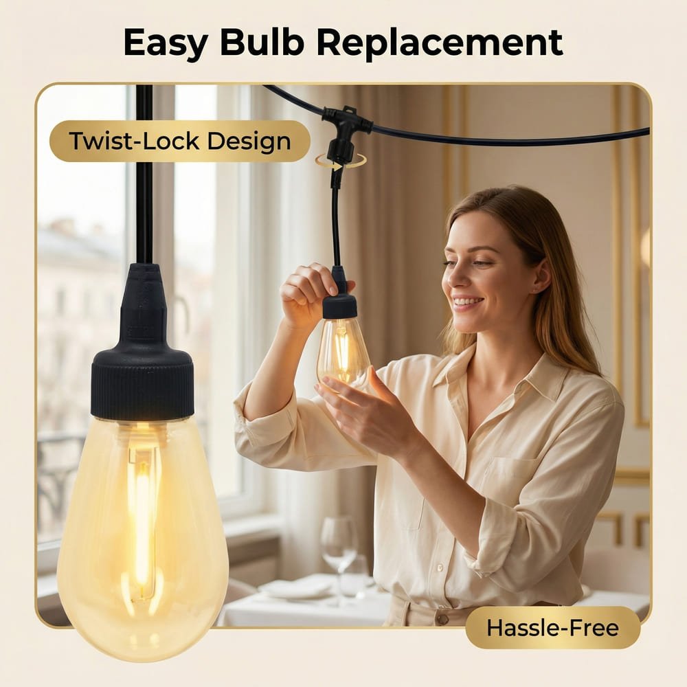 Easy twist-lock replacement of S14 LED bulbs on commercial string lights