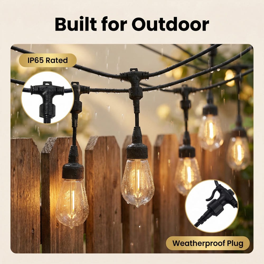 Durable IP65 waterproof S14 string lights performing in rainy outdoor conditions