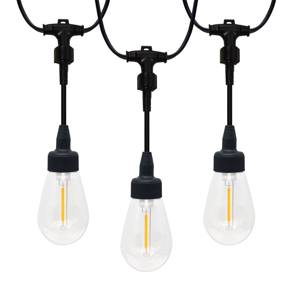 Commercial modular drop string lights with clear S14 LED bulbs and secure screw-lock system