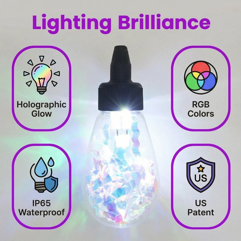 Infographic highlighting patented holographic RGB S14 bulb features including IP65 waterproof rating
