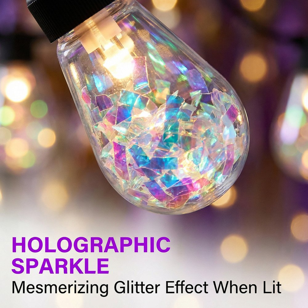 Close-up detail of holographic S14 LED bulb featuring mesmerizing glitter sparkle effect