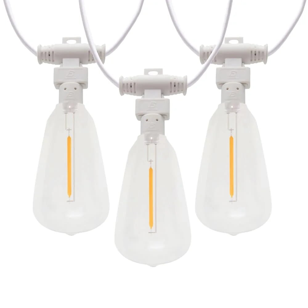 Commercial white wire ST38 LED string lights with low-profile snap-on sockets