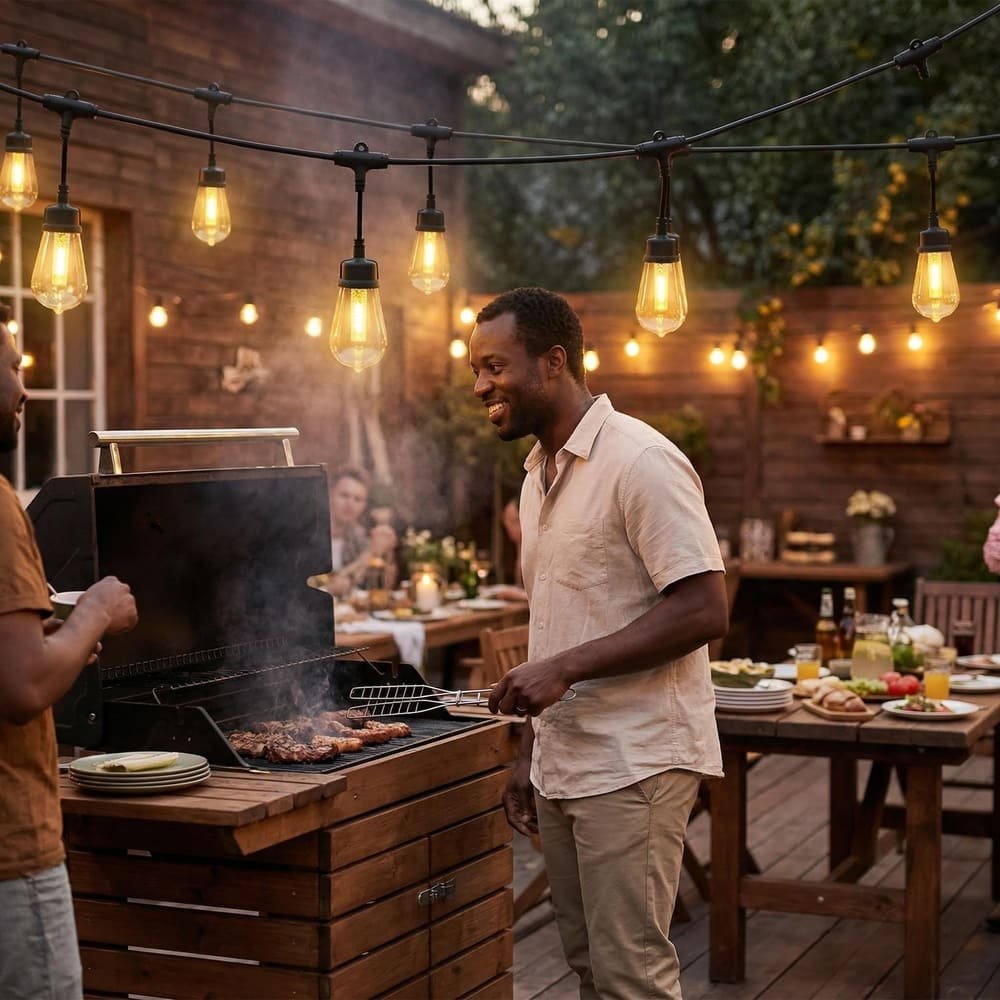 Durable outdoor string lights creating warm ambiance for backyard barbecue parties