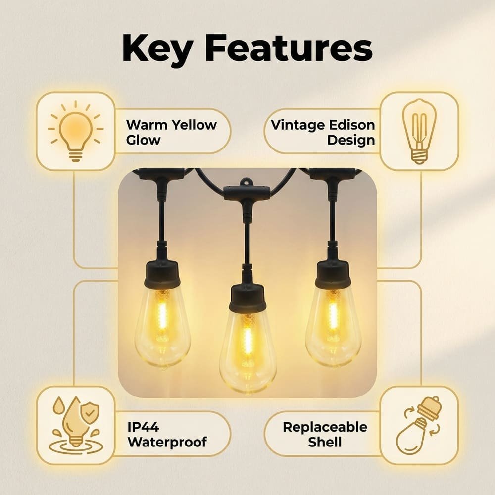 ST48 string light features: warm glow, vintage design, IP44 waterproof, and replaceable shell