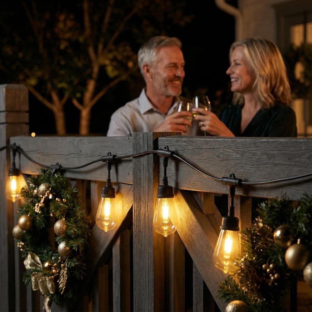 Warm white outdoor string lights decorating wooden deck for festive holiday season