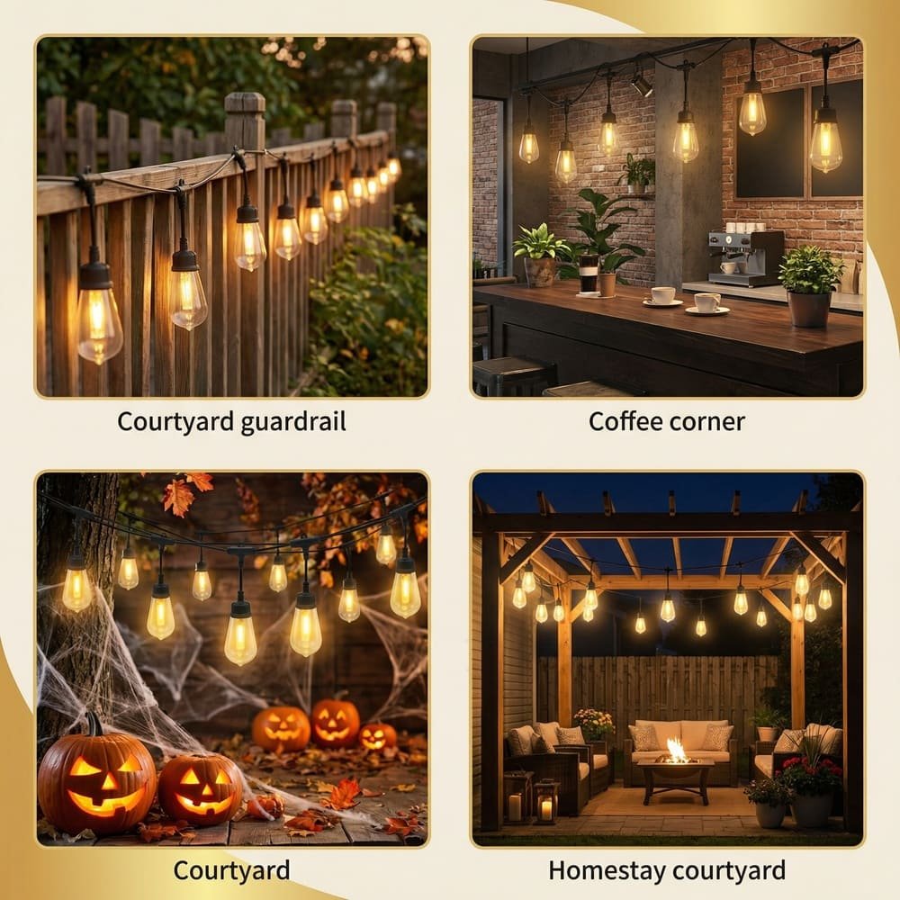 Versatile outdoor string lights used for patios, cafes, and festive holiday decorations