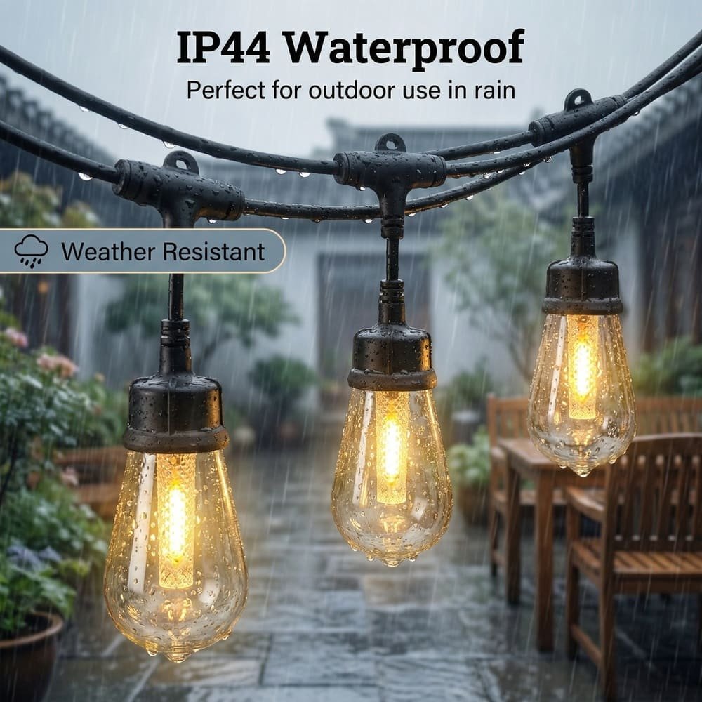 IP44 waterproof outdoor string lights demonstrating weather resistance in heavy rain conditions