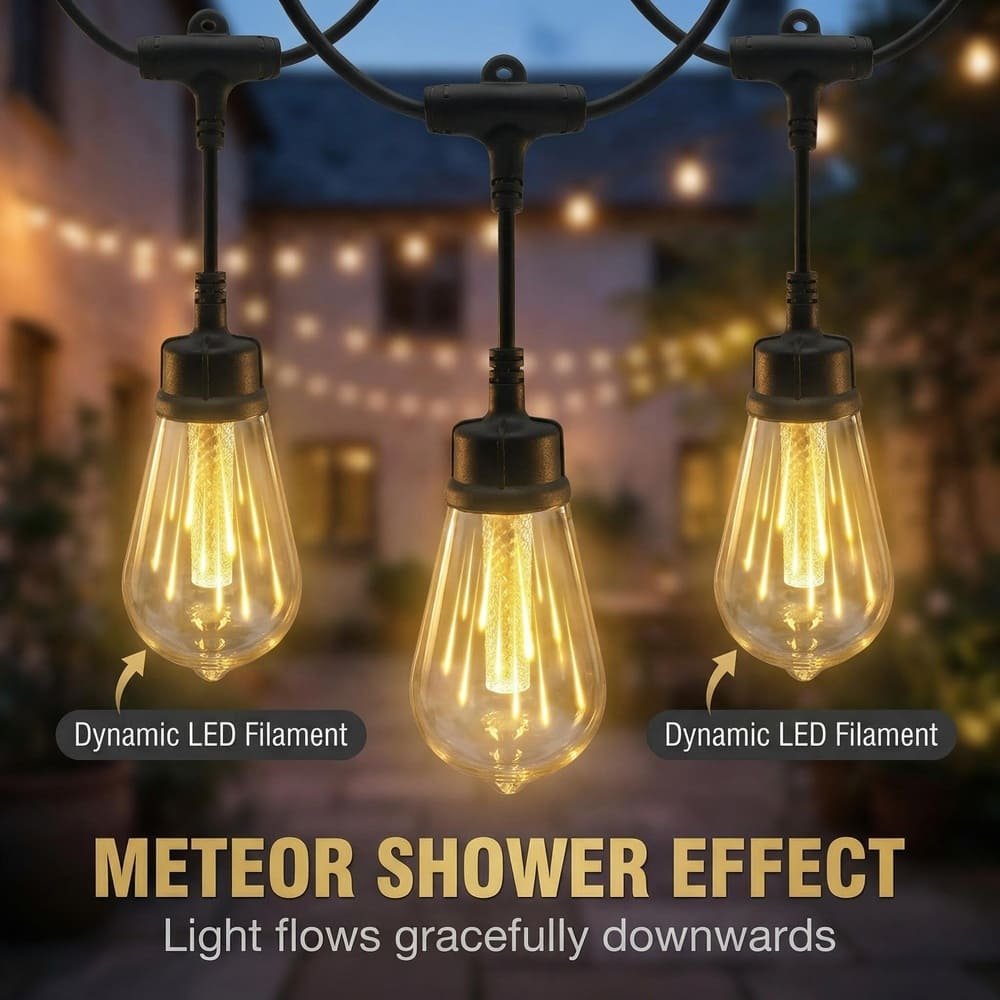 Dynamic LED filament string lights with flowing meteor shower effect for outdoor decor