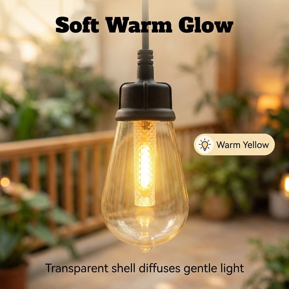ST48 LED hanging bulb with transparent shell diffusing soft warm yellow glow