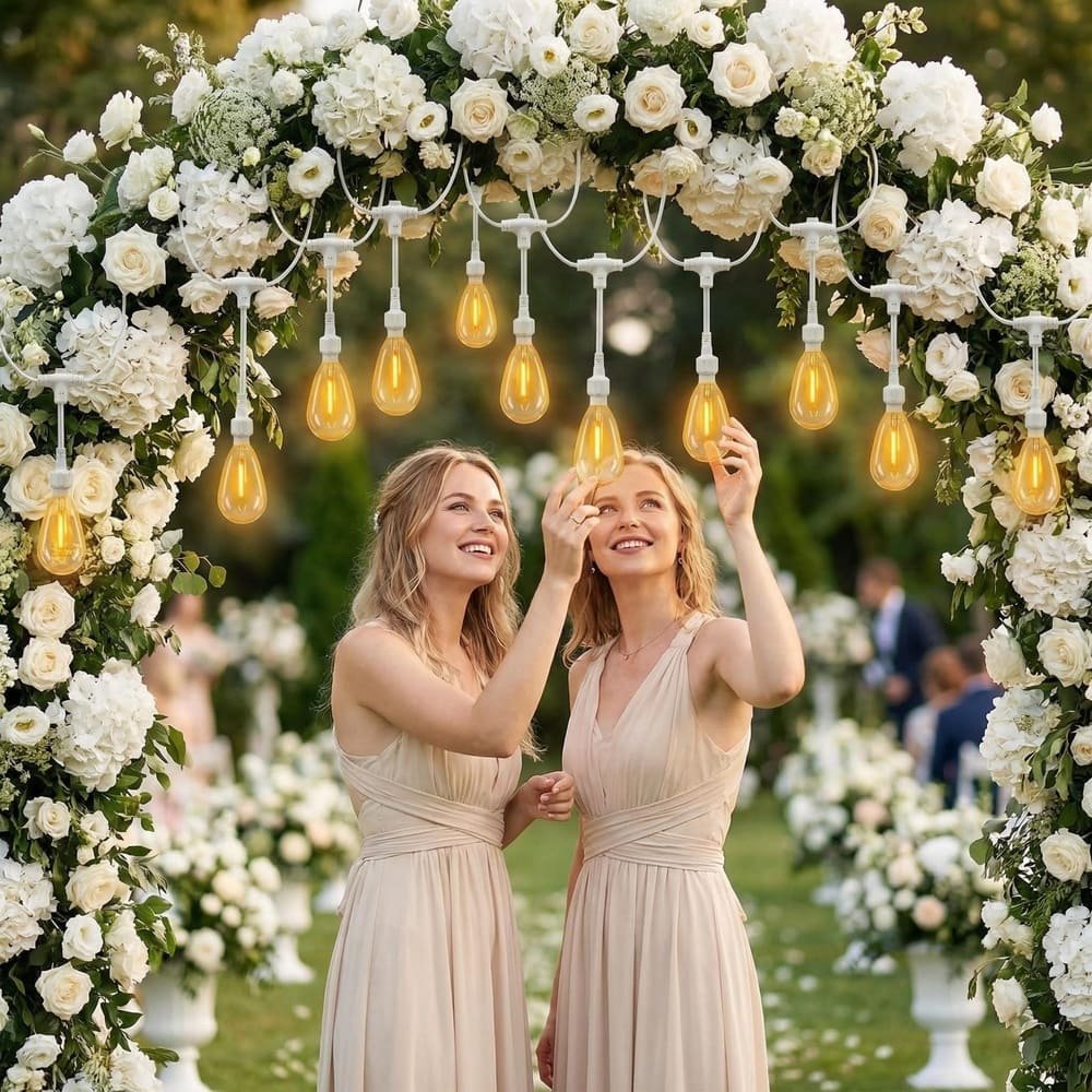 White wire S14 LED string lights decorating floral wedding arch with bridesmaids