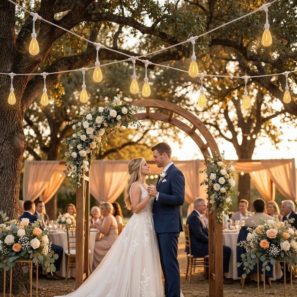 White wire S14 LED string lights hanging over romantic outdoor wedding ceremony arch