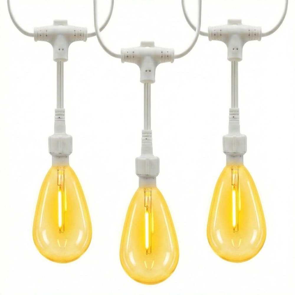 IP65 waterproof suspended S14 string lights with patent-pending screw-lock cap on white wire