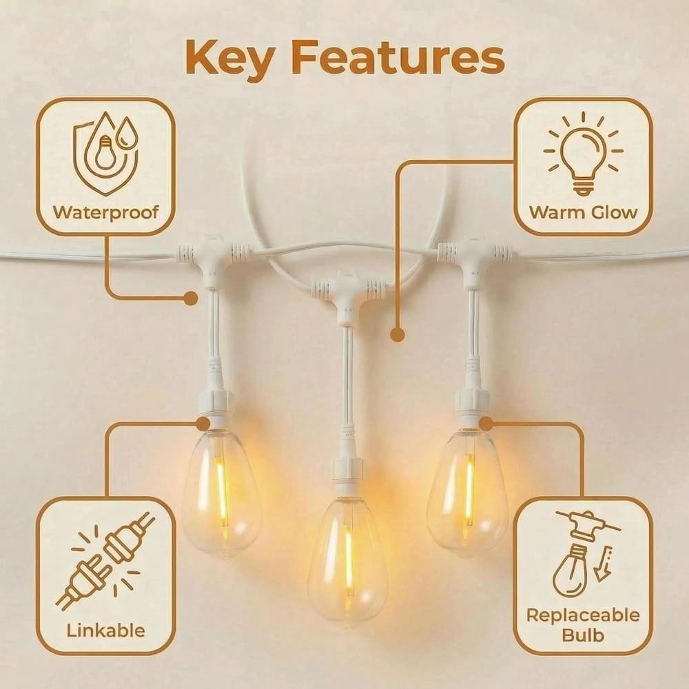 Key features of white S14 string lights: waterproof, linkable, warm glow, and replaceable bulbs