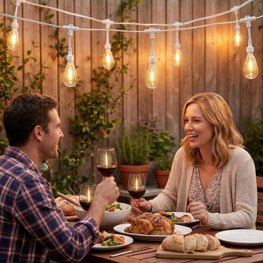 Outdoor patio S14 LED string lights with white wire creating warm ambient dining atmosphere