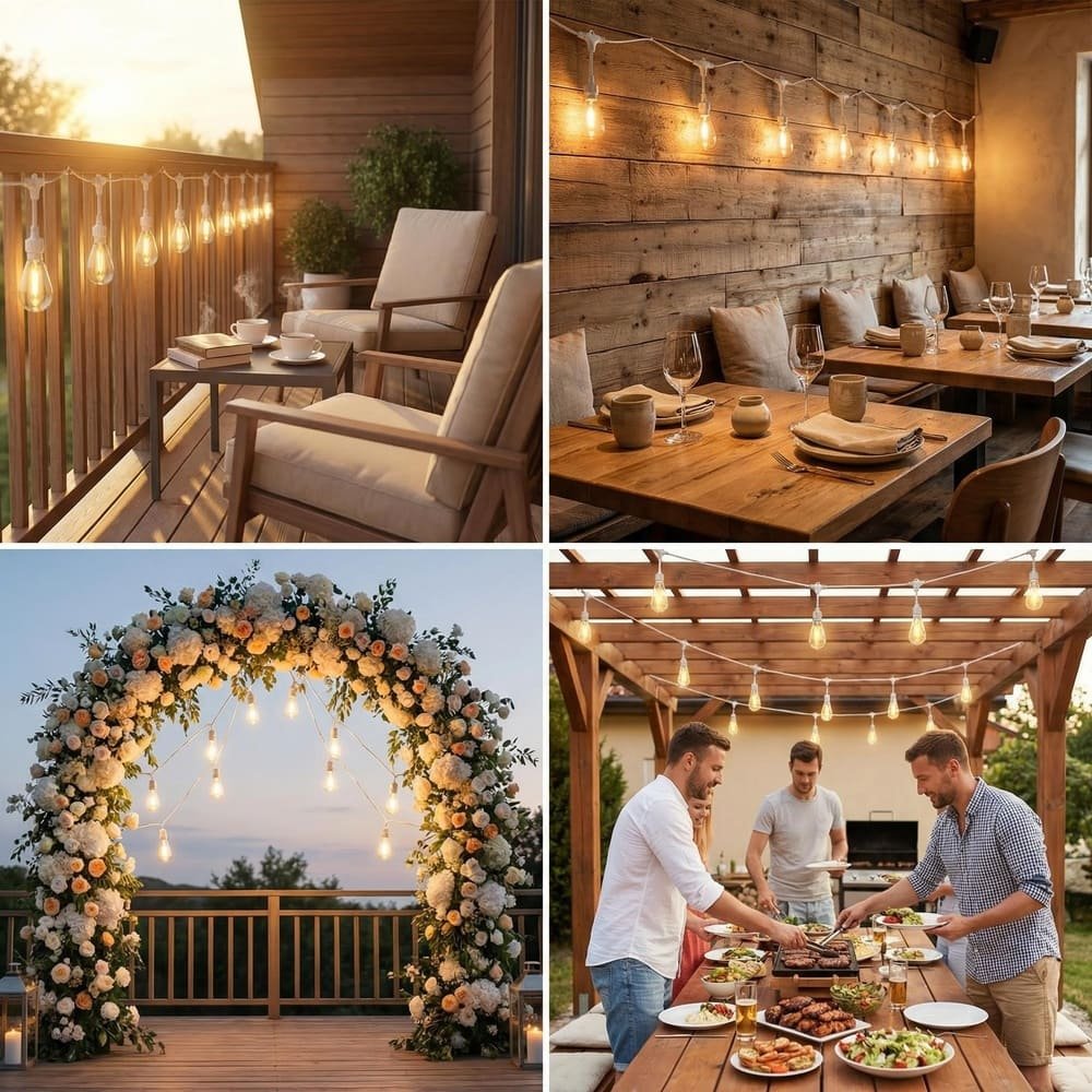 Factory Direct [Patent Pending] 15FT Suspended String Lights, Secure Screw-Lock Cap Design, S14 Small-Mouth Drop Style, IP65 Waterproof